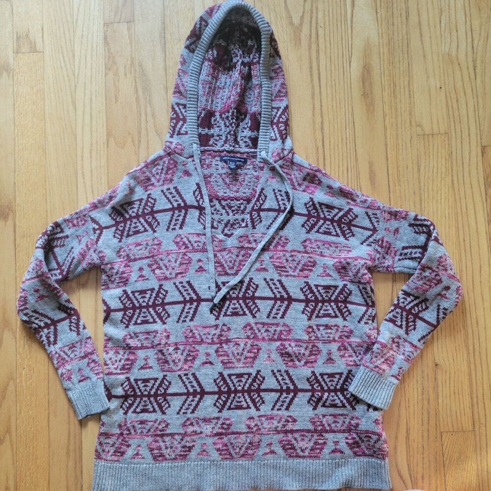 American Eagle Outfitters Aztec Pattern Hoodie Sweater XS Gray & Pink Cotton Ble